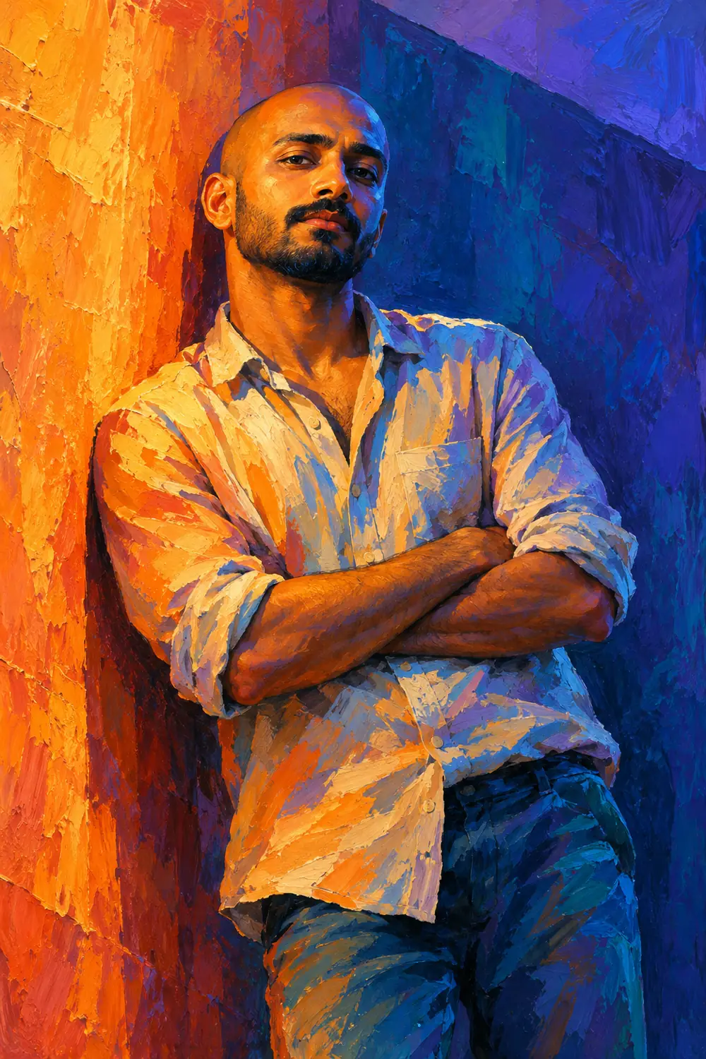 Vertical acrylic painting of a shaved-headed South Asian man with a short beard, leaning against a textured wall with arms crossed, lit in orange on one side and violet-blue on the other.