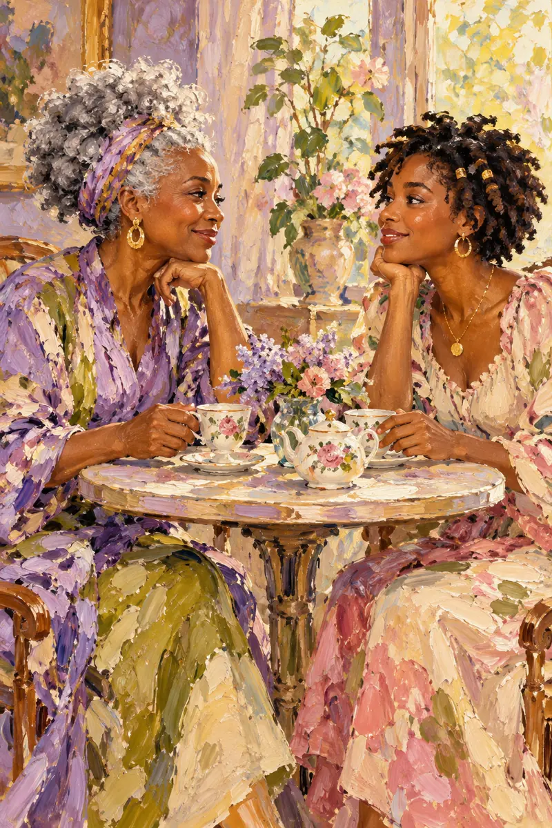 Vibrant Impressionist oil painting of a silver-haired Black mother and her adult daughter facing one another at a teacup table, surrounded by soft floral shapes and curtains.