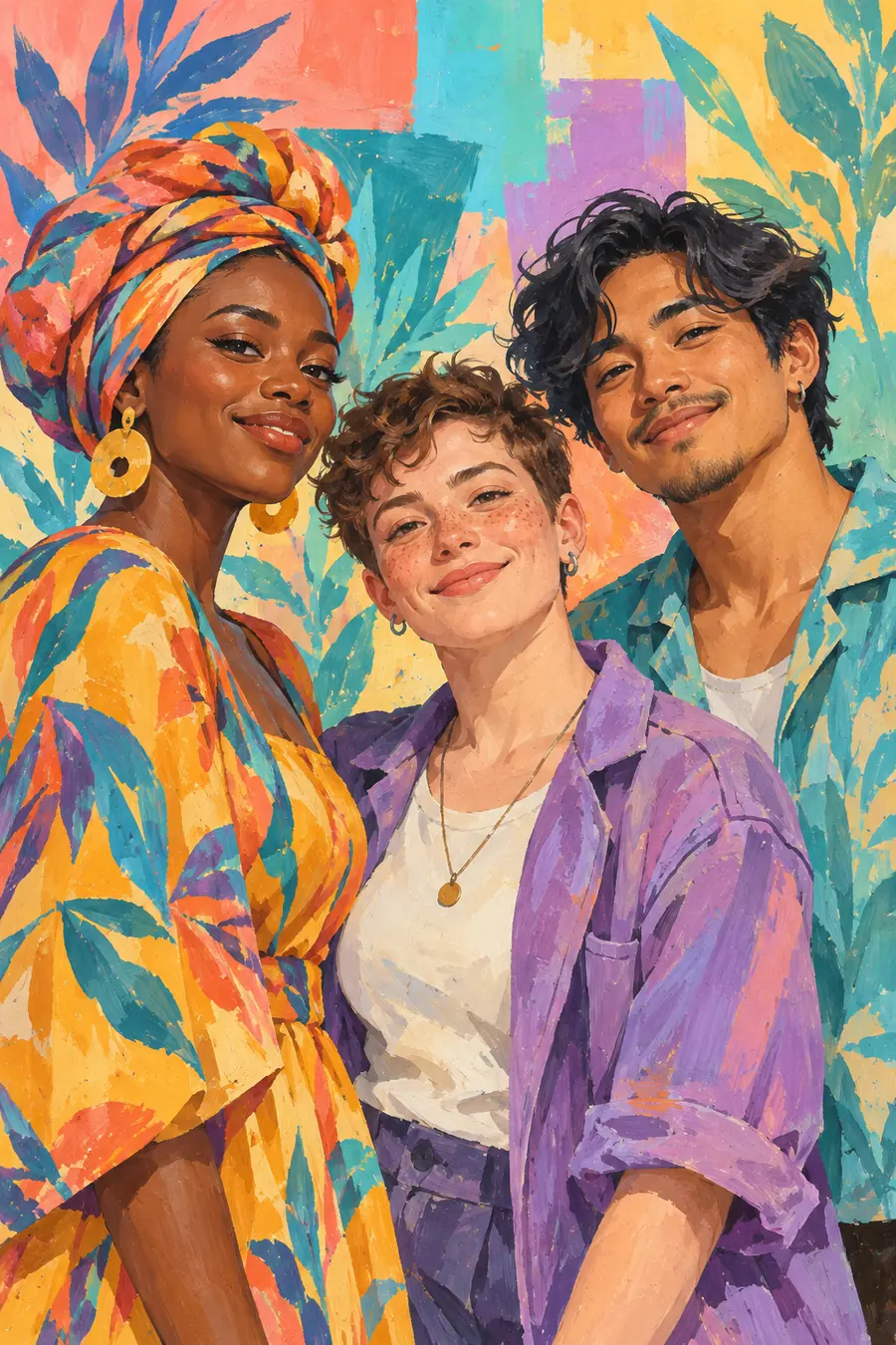 Vertical gouache painting of three smiling adult friends in colorful clothing, with a headwrapped woman, a freckled short-haired person, and a wavy-haired man against a bright leafy abstract background.