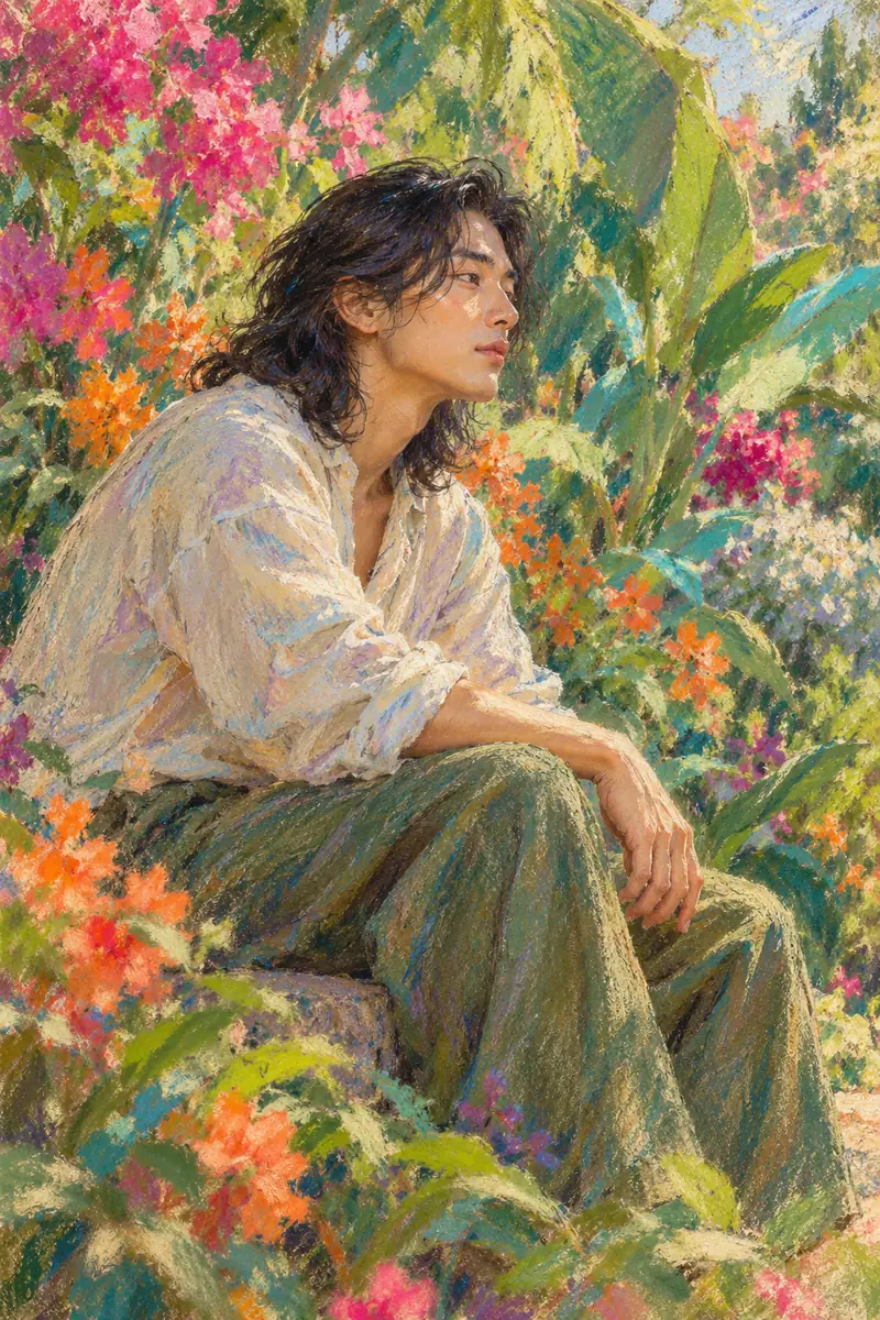 Soft pastel painting of a shoulder-length-haired man seated in profile among vivid garden foliage and flowers.