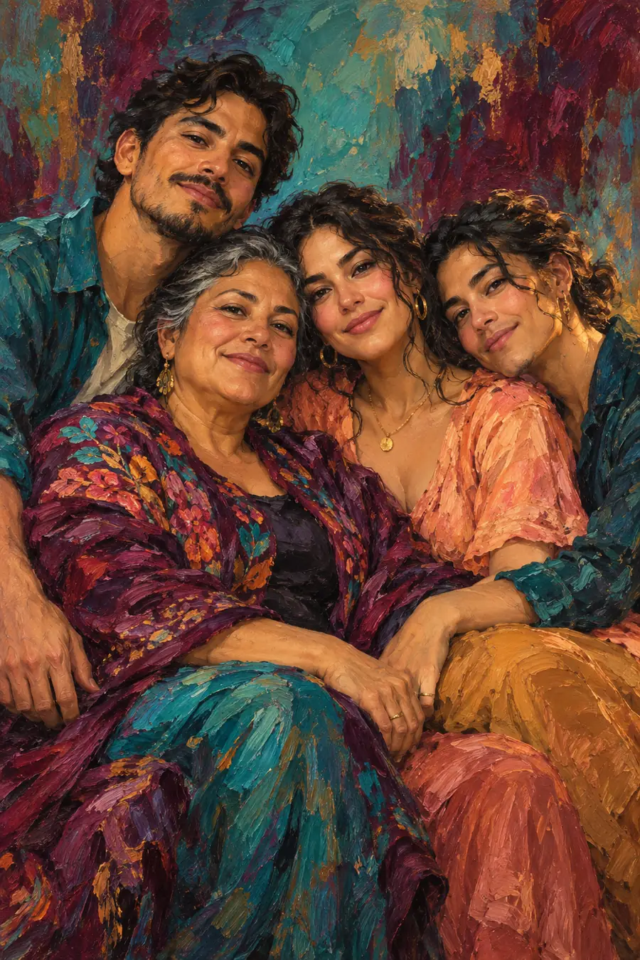 Vibrant oil painting of an older woman and three younger adults leaning together in a close embrace, against a loose teal and burgundy background.