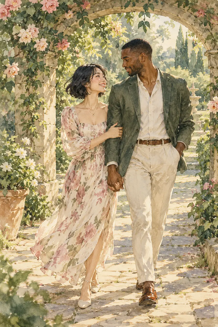 Watercolor painting of an East Asian woman with a short dark bob and a Black man with close-cropped hair walking arm in arm beneath a leafy garden arch, their hands joined.