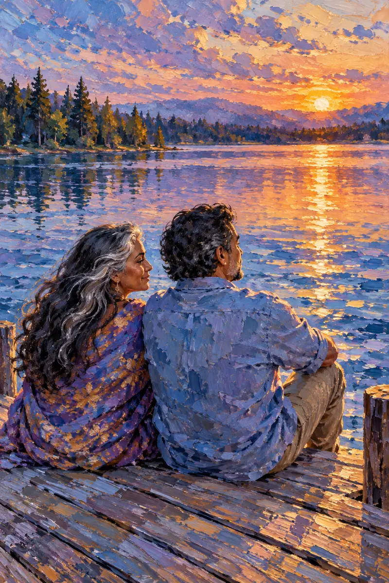 Impressionist painting of a silver-haired woman and dark-haired man sitting together on a wooden dock beside a reflective sunset lake.
