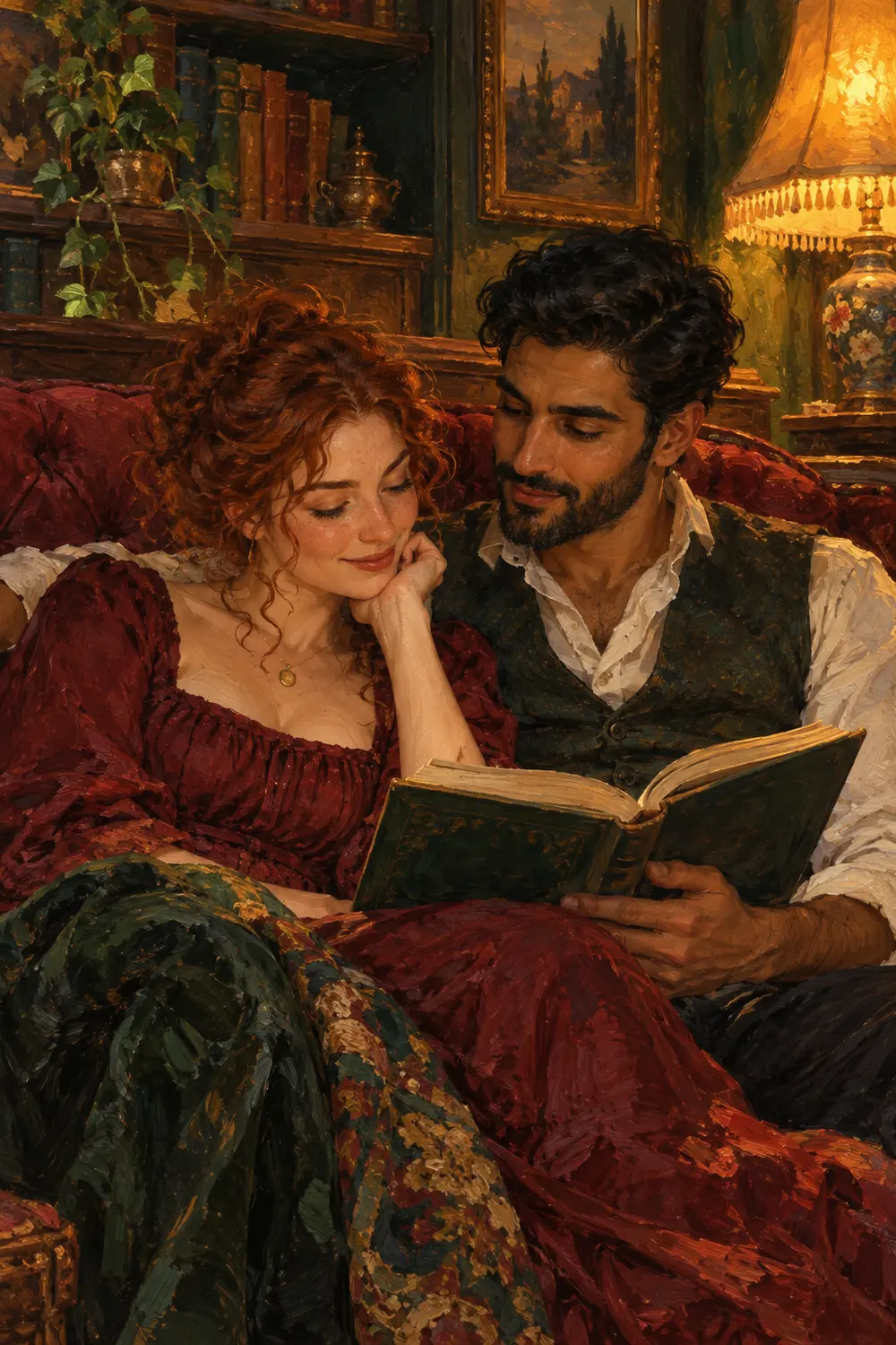 Oil painting of an auburn-haired woman and a bearded man sharing an open book on a burgundy settee in a warmly lit reading nook.