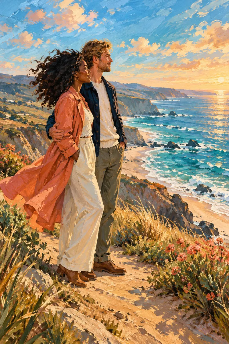 Acrylic painting of a Black woman with natural curls and a sandy-haired white man standing together on a coastal path above a turquoise sea.