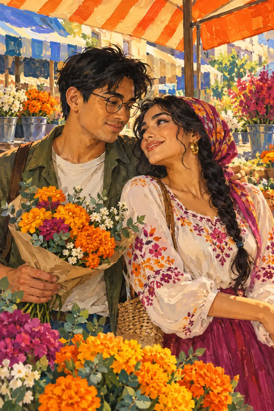 Gouache painting of a bespectacled man carrying bright flowers beside a woman with a dark braid at an outdoor flower market.