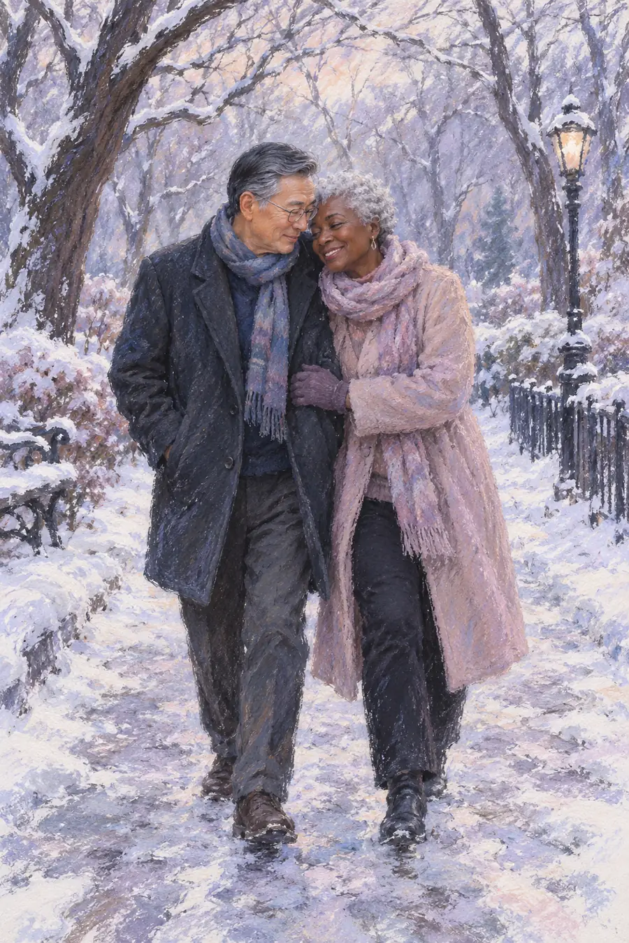 Pastel painting of an older East Asian man with glasses and a Black woman with short silver hair embracing on a snowy park path beneath bare trees.