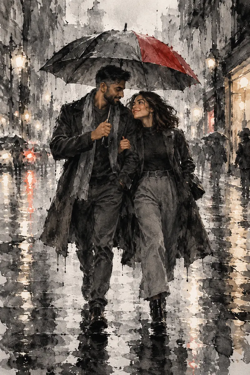 Vertical ink wash painting of a bearded South Asian man and a curly-haired Latina woman crossing a rainy city street beneath a large umbrella with a muted red panel.