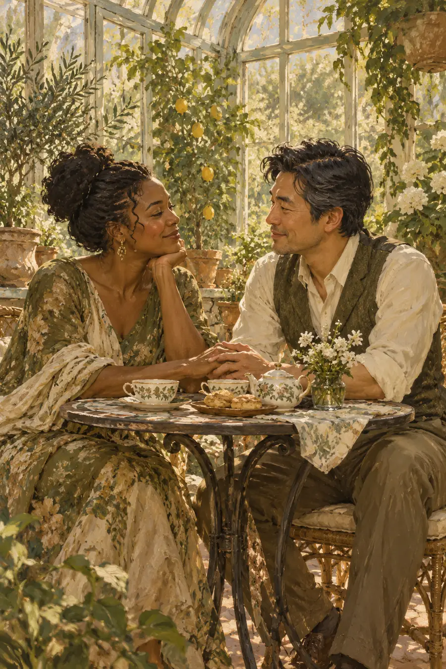 Vintage-style painting of a Black woman and an East Asian man seated across a tea table, hands joined in a sunlit, leafy glasshouse.