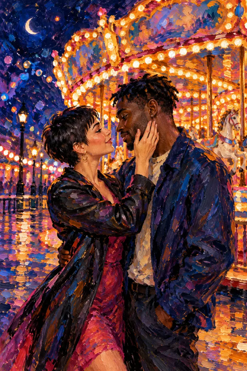 Impressionist painting of a woman touching her partner’s cheek beneath bright carousel lights at night.