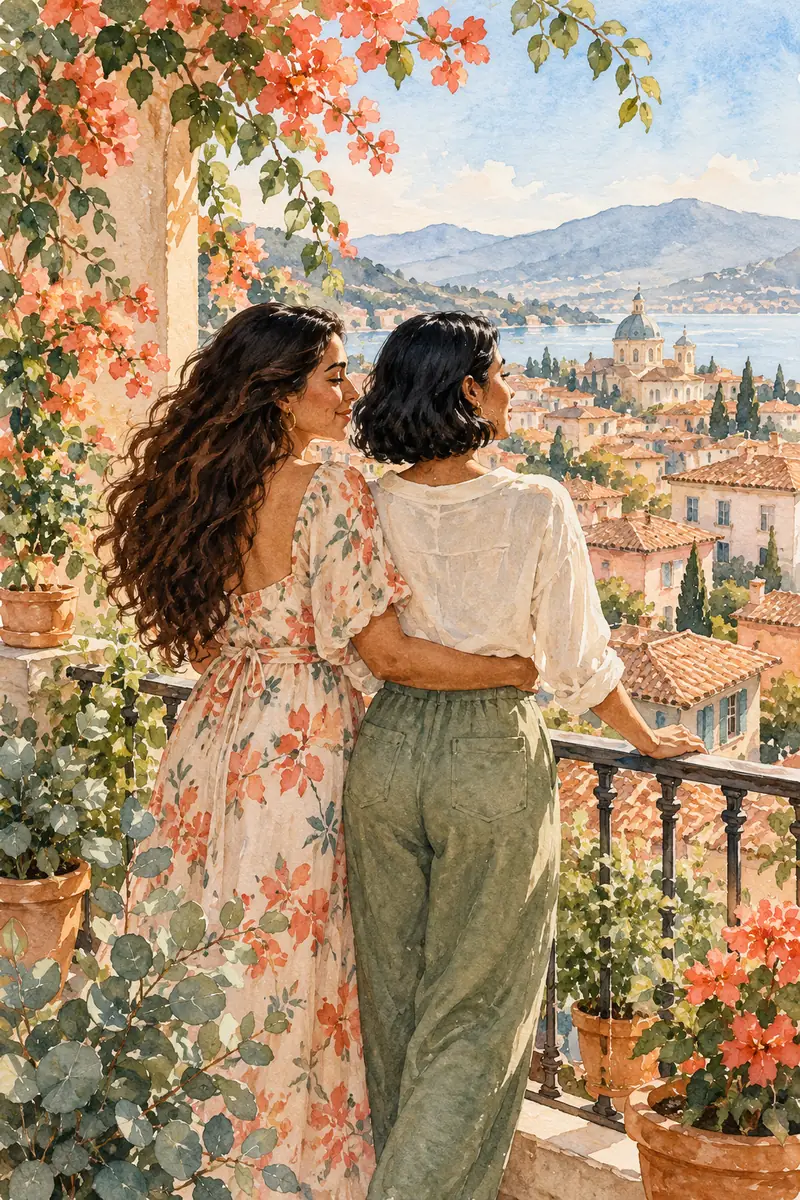 Watercolor painting of two adult women leaning together at a leafy balcony rail above a sunlit town, one with long dark hair and the other with a cropped bob.