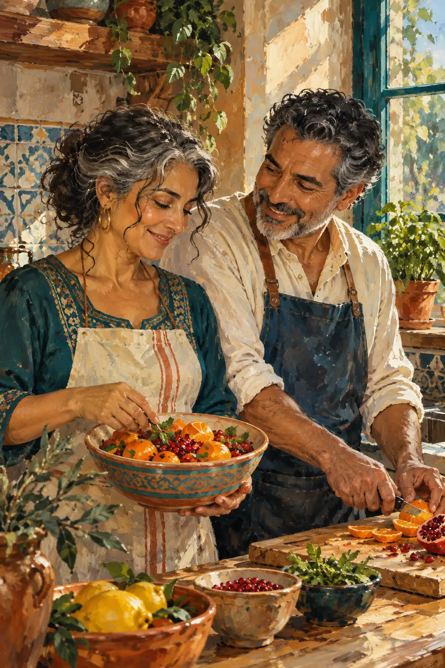 Vertical oil painting of two middle-aged adult partners preparing a bowl of fruit together in a tiled kitchen beside a bright window.