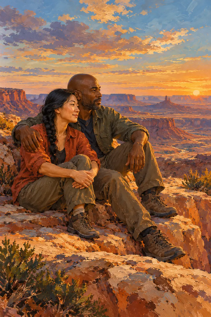 Acrylic painting of a Black man with a shaved head and an East Asian woman with a long braid seated together on a rocky desert overlook at sunset.