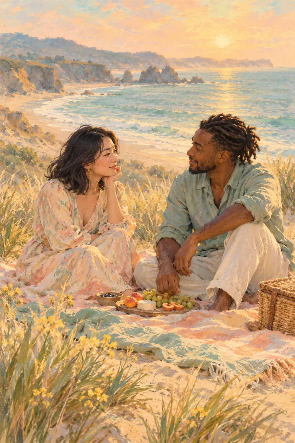 Pastel painting of an East Asian woman and Black man facing each other on a dune picnic blanket, with fruit, grasses, calm water, and distant cliffs.