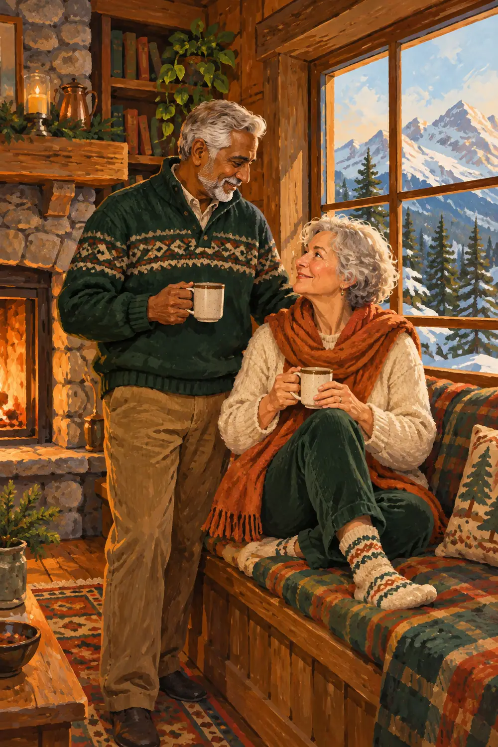 Gouache painting of a silver-haired South Asian man standing beside his white partner seated on a cabin window bench; they smile at each other over mugs, with snowy mountains beyond the window.
