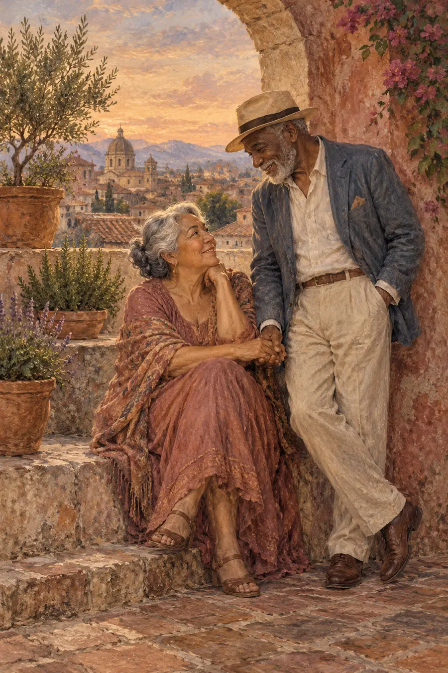 Edge-to-edge vintage-style painting of an older silver-haired woman seated on courtyard steps beside a gray-bearded man leaning toward her beneath a stone arch; their hands meet, with potted plants and a city skyline behind them.