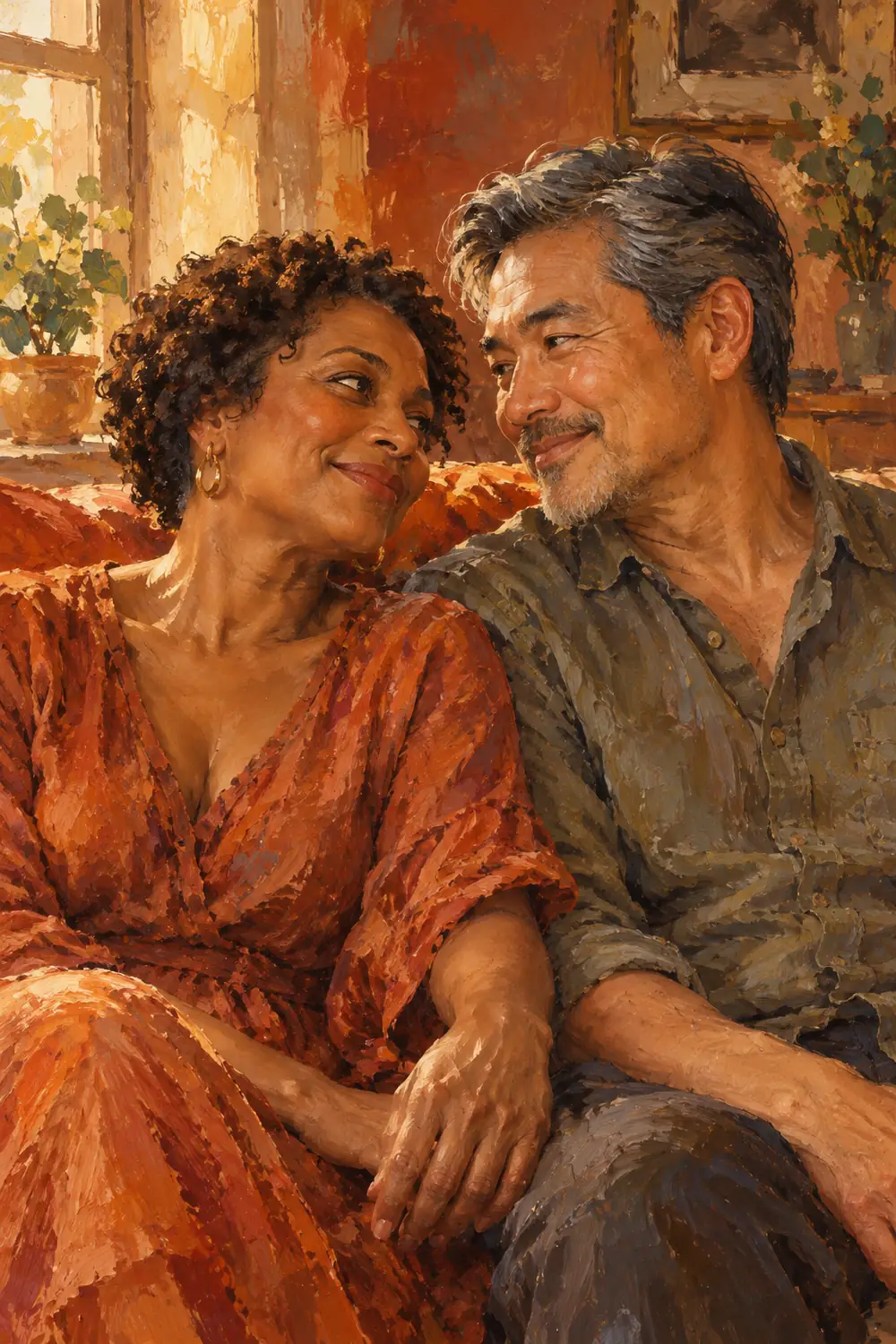 Vertical oil painting of a middle-aged Black woman with short natural curls and an East Asian man with salt-and-pepper hair, seated close together and gazing at each other in a warm terracotta interior.