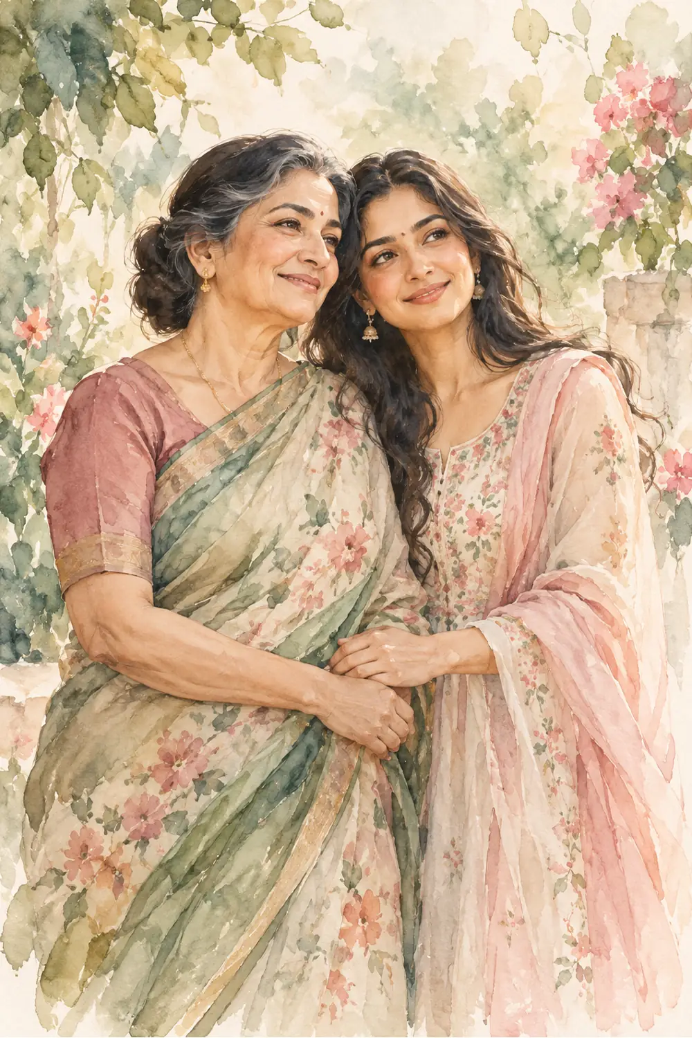 Edge-to-edge watercolor painting of a South Asian mother and adult daughter standing close together in a leafy garden, dressed in sage and rose tones.
