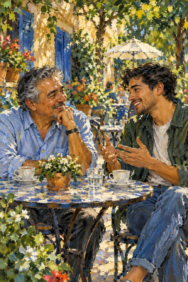Impressionist painting of a smiling older father and adult son talking across an outdoor café table in dappled afternoon light.