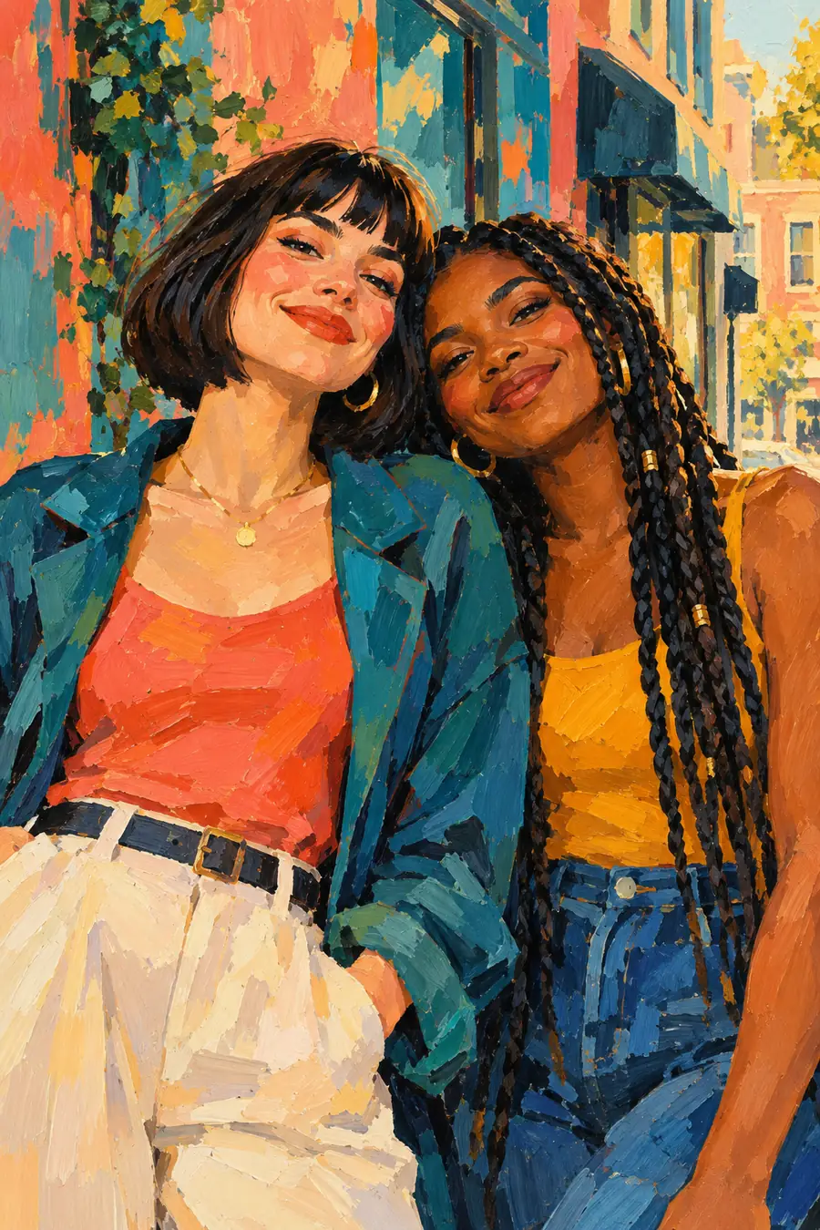 Finished acrylic portrait painting of two adult friends against a bold coral and teal city backdrop.