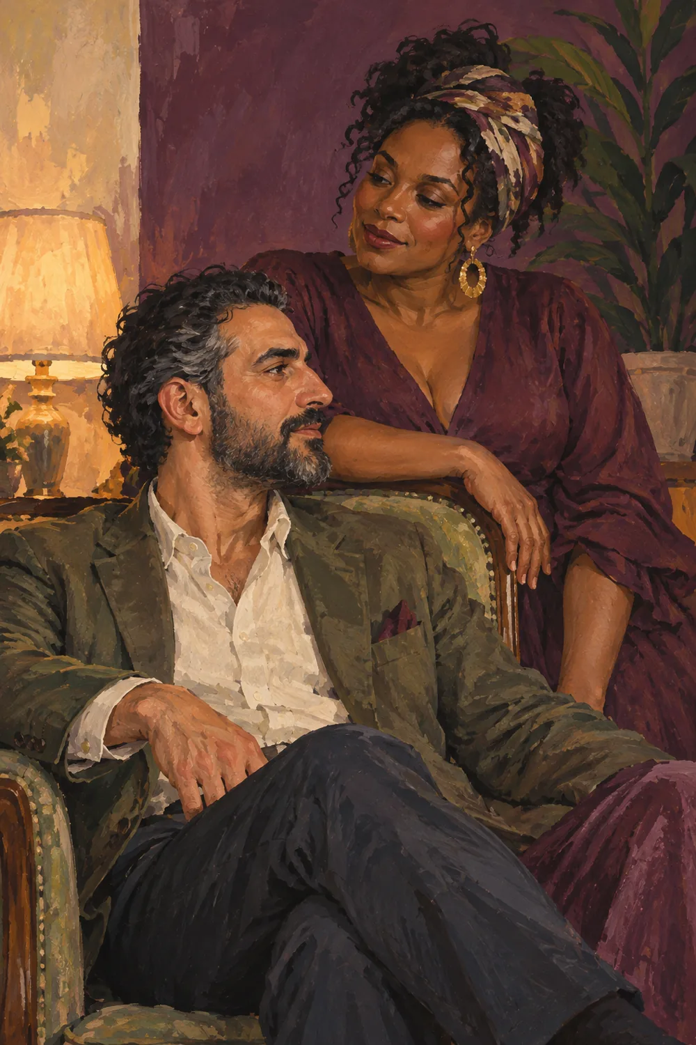 Vertical gouache painting of a seated man in profile and his partner leaning on the chair back in a softly lit plum-toned interior.