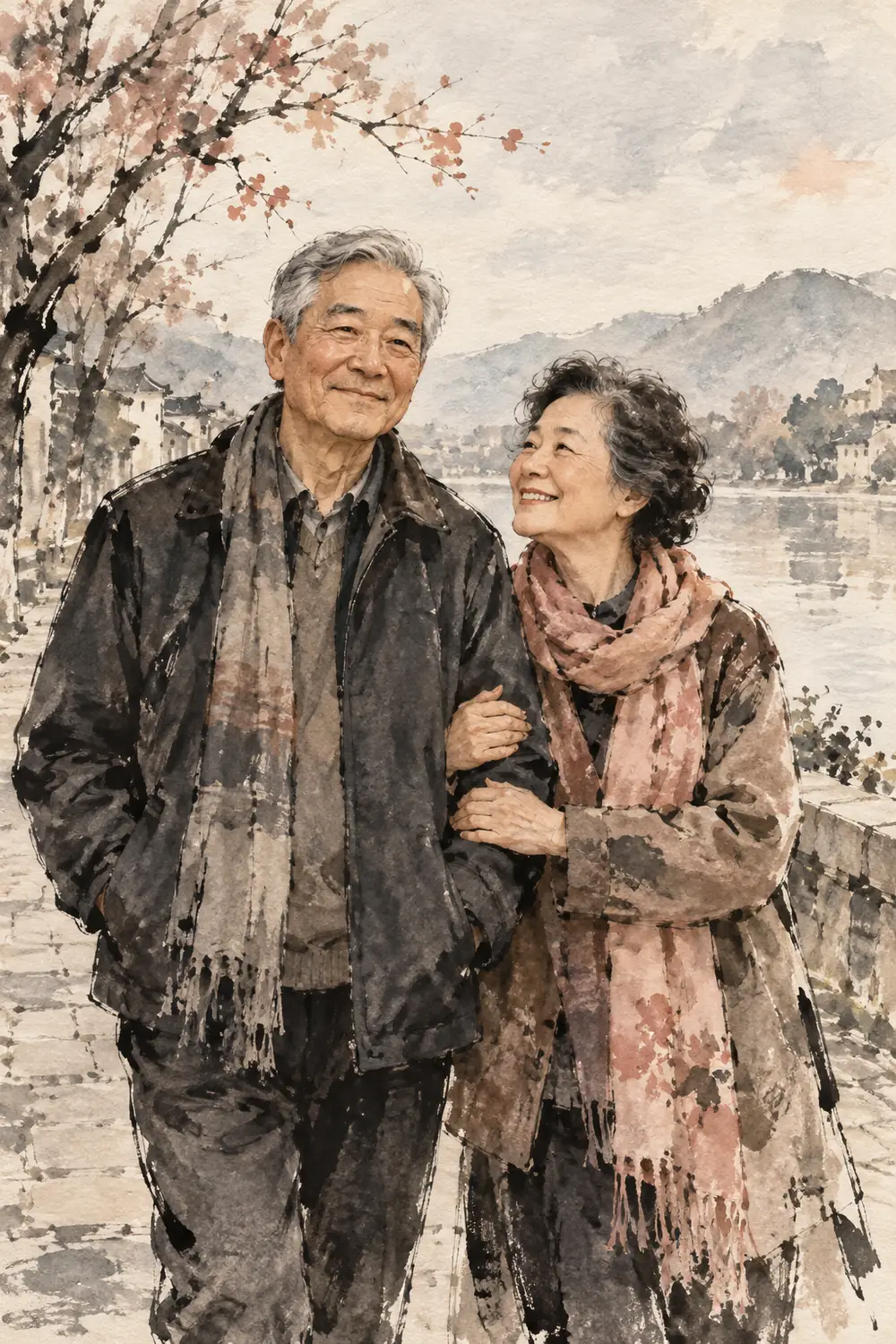 Edge-to-edge ink wash painting of an older East Asian couple standing together by a riverside, with muted mountains and a pale open sky behind them.