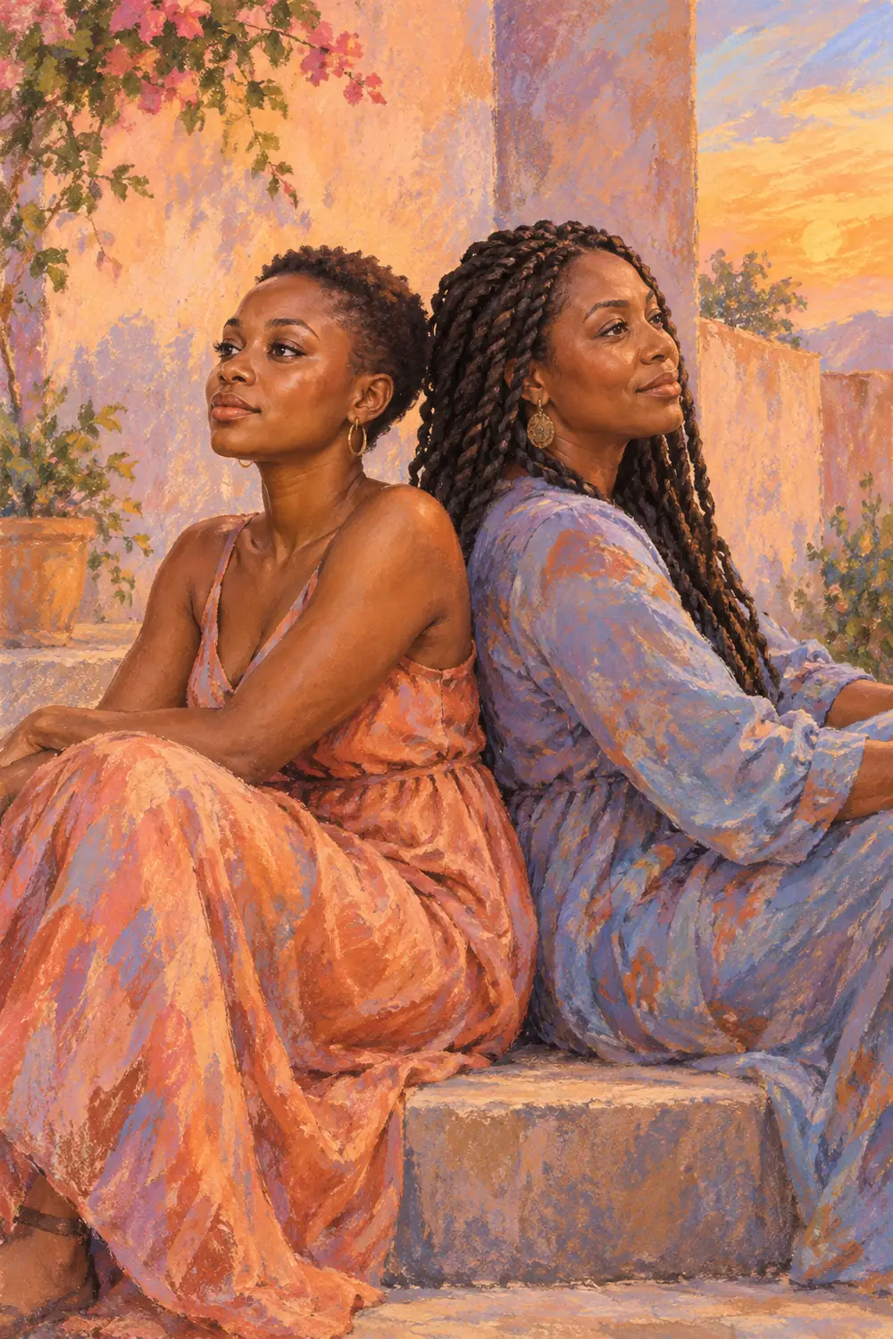 Pastel painting of two adult sisters seated back-to-back on a courtyard step, dressed in peach and soft blue with a warm sunset wall behind them.