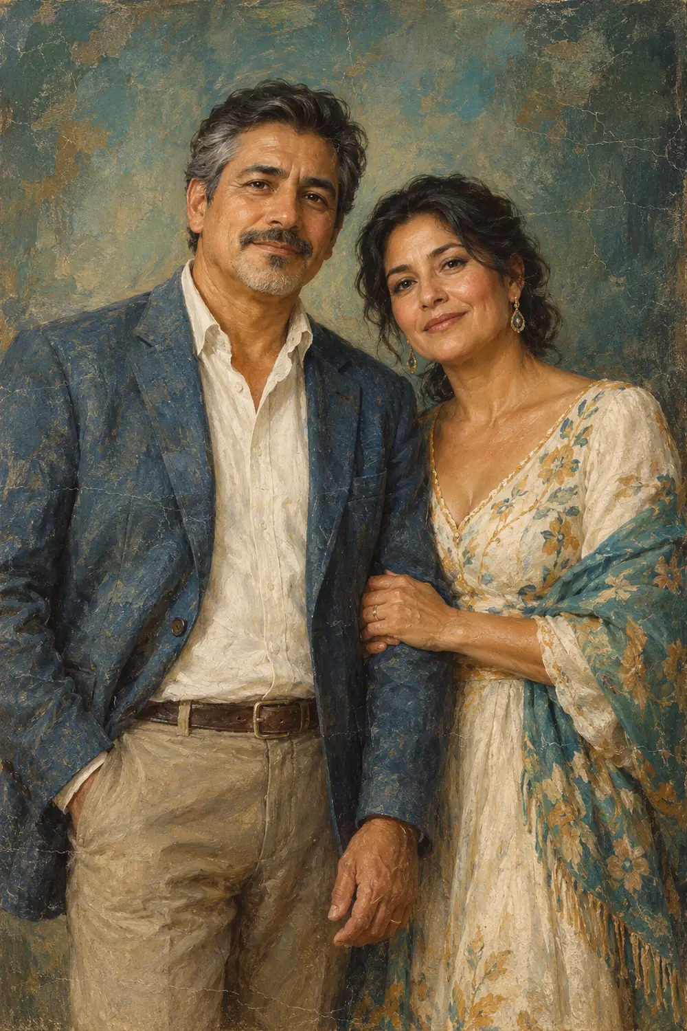 Edge-to-edge vintage-style oil painting of a South American couple in their early fifties, standing close in front of a textured blue-green backdrop.