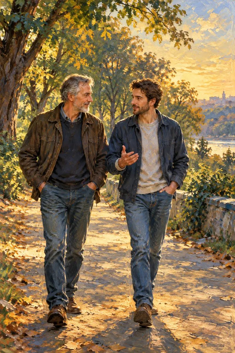 Vertical oil painting of a gray-haired father and his adult son walking side by side on a sunlit, tree-lined park path, talking and gesturing beneath golden foliage.