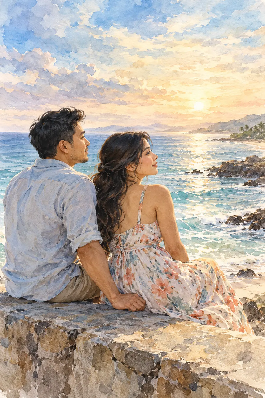 Watercolor painting of a Filipino couple seated on a rocky seawall, looking out over a bright blue sea beneath a hazy sunset sky.