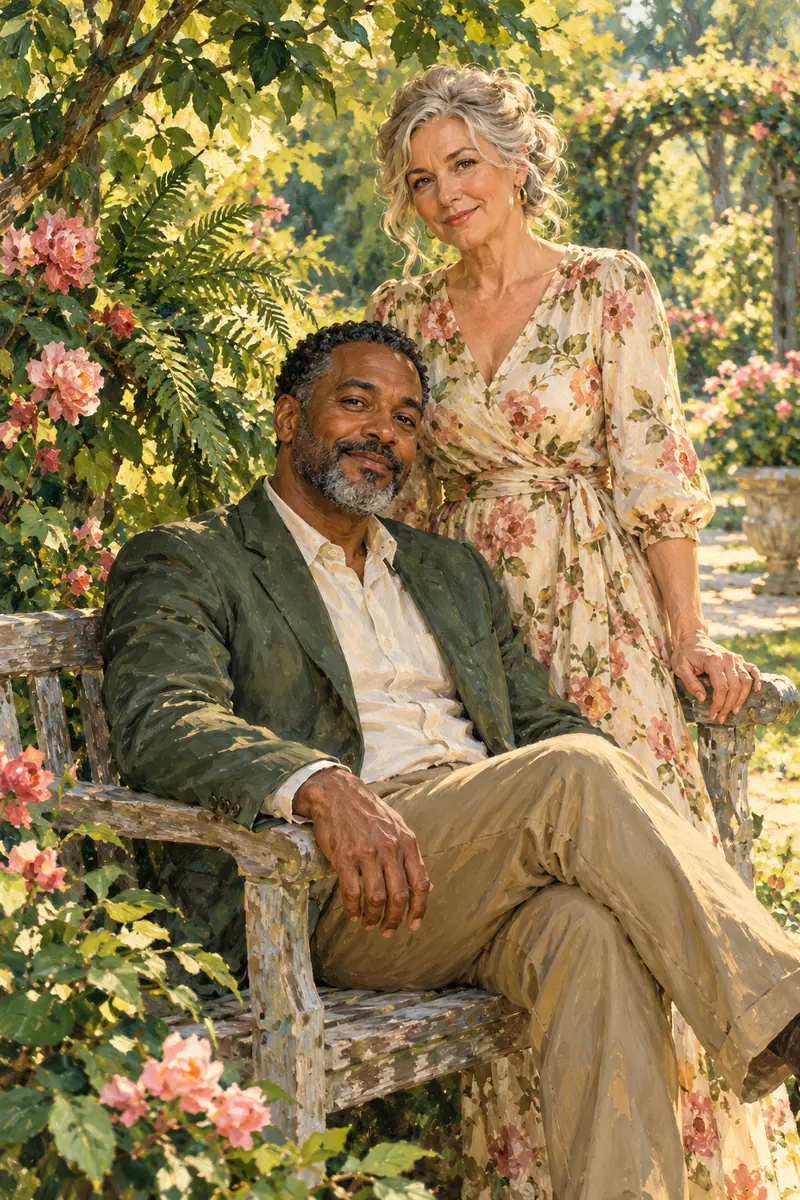 Edge-to-edge acrylic painting of a Black man seated on a garden bench with his white partner standing beside him among sunlit green foliage and rose flowers.