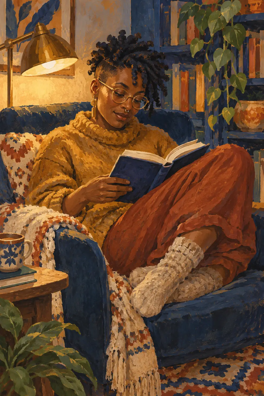Edge-to-edge gouache painting of a Black adult reading in an armchair, with a warm lamp, indigo bookshelves, and a leafy plant.