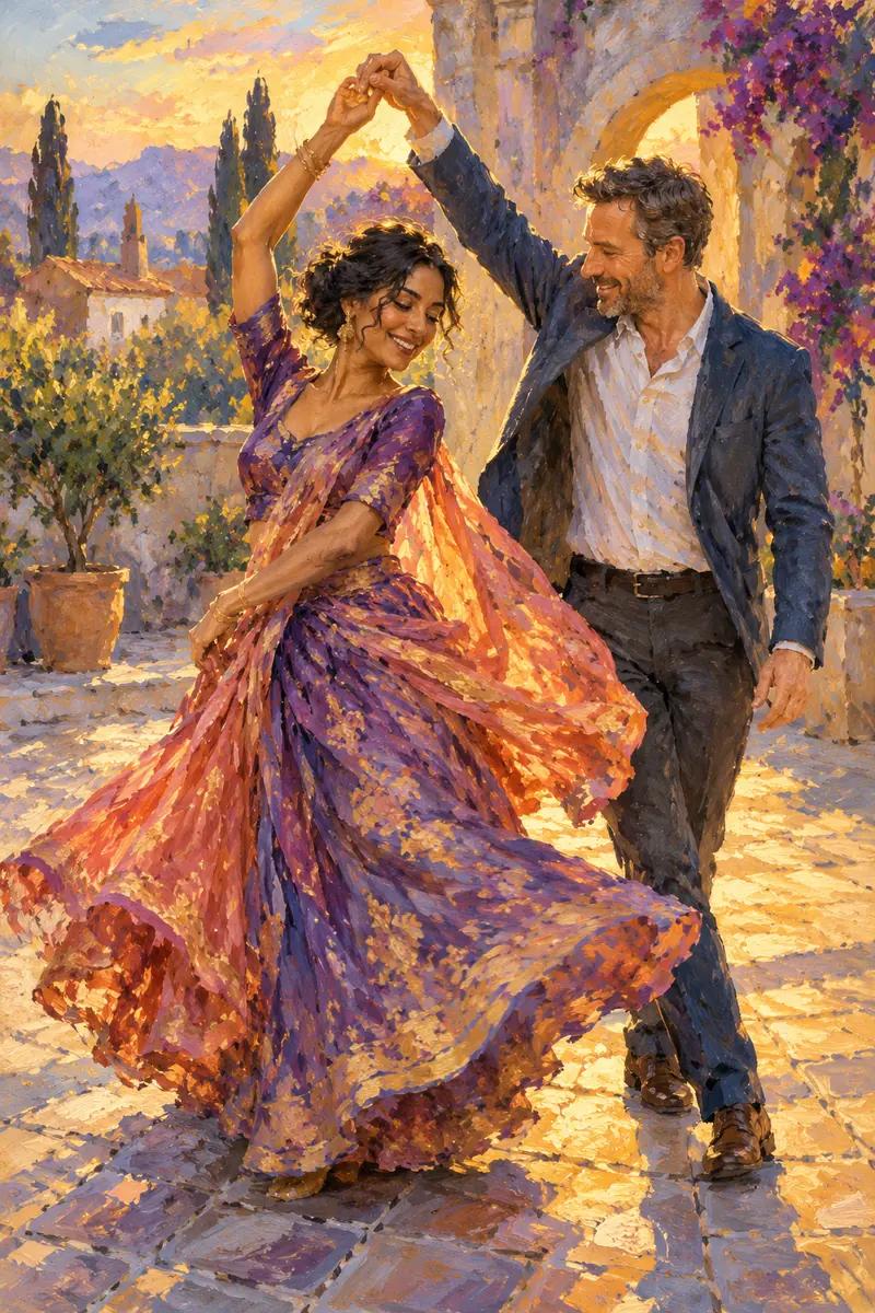 Finished impressionist painting of a South Asian woman and a white man dancing together in a courtyard, with raised arms, flowing coral and violet clothing, and golden sunlight.