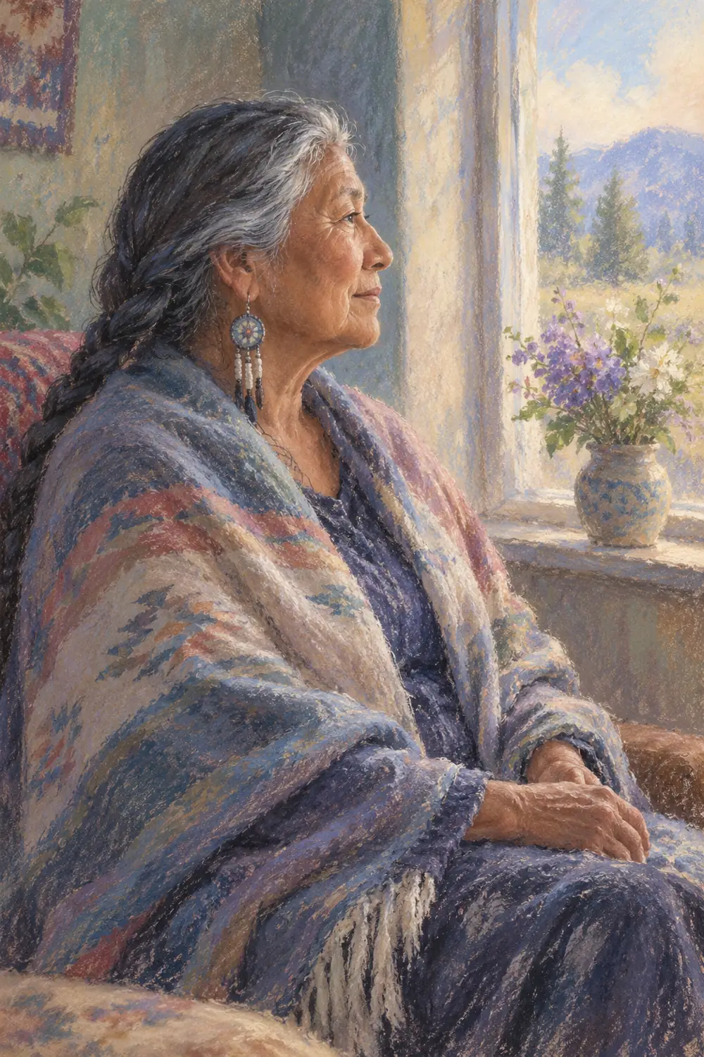 Pastel portrait painting of a mature Indigenous woman seated in profile beside a bright window and a vase of flowers, hands resting in her lap.