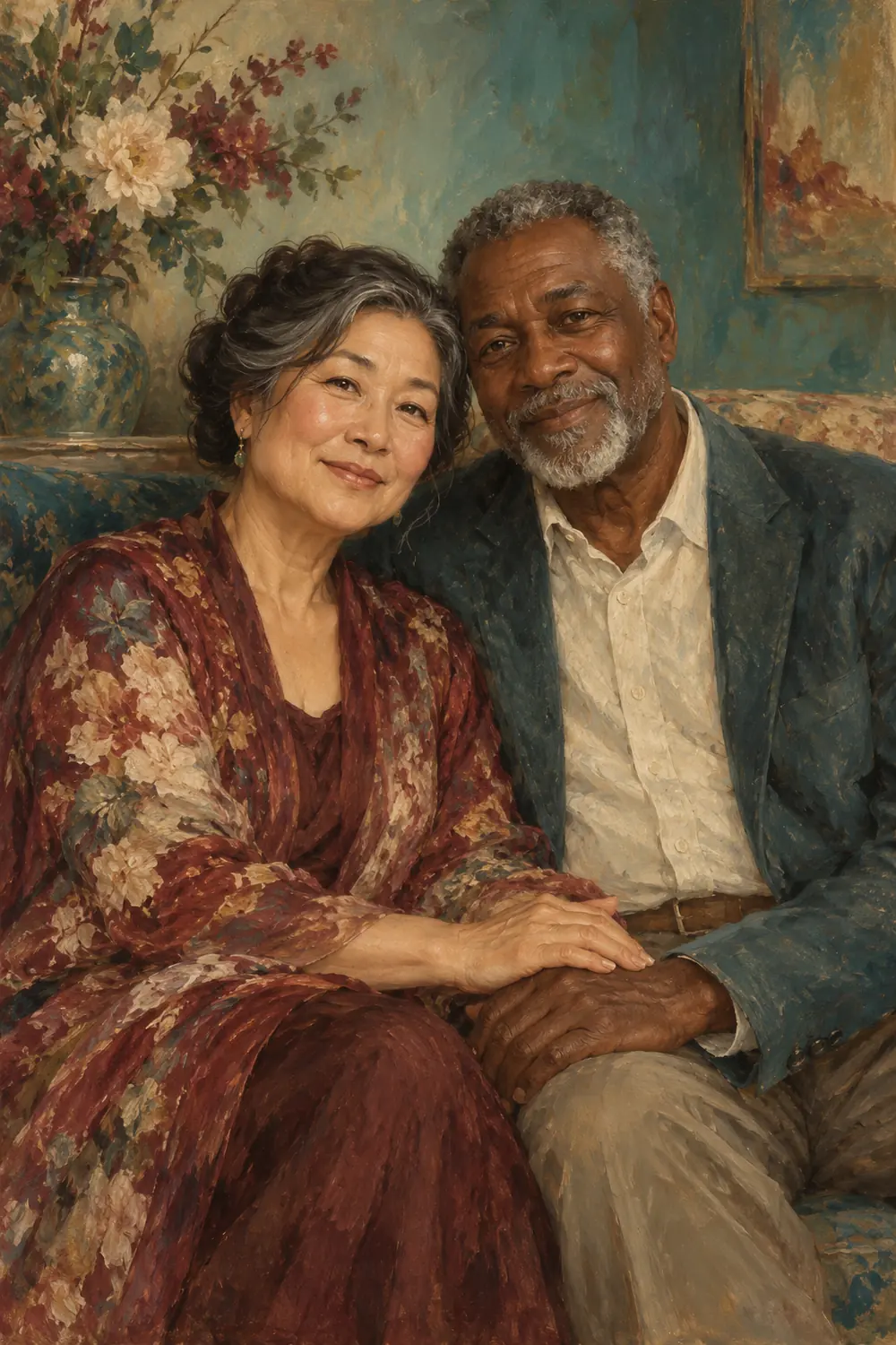 Vintage-style painting of a Chinese American woman and Black man in their sixties seated together, hands resting together, against a teal interior with floral accents.
