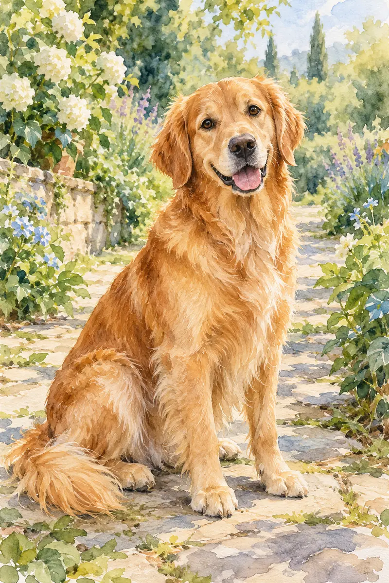 Watercolor painting of a seated golden retriever with bright eyes on a softly painted garden path.