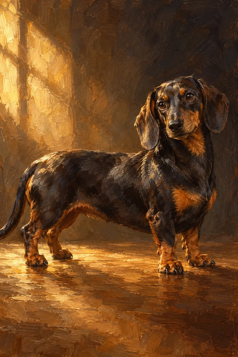 Vertical oil painting of a black-and-tan dachshund standing in profile with its head turned toward the viewer, illuminated by warm window light.