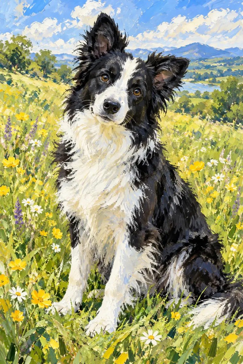 Vertical impressionist painting of a seated black-and-white border collie with a slightly tilted head in a flower-filled meadow, with blue mountains in the distance.