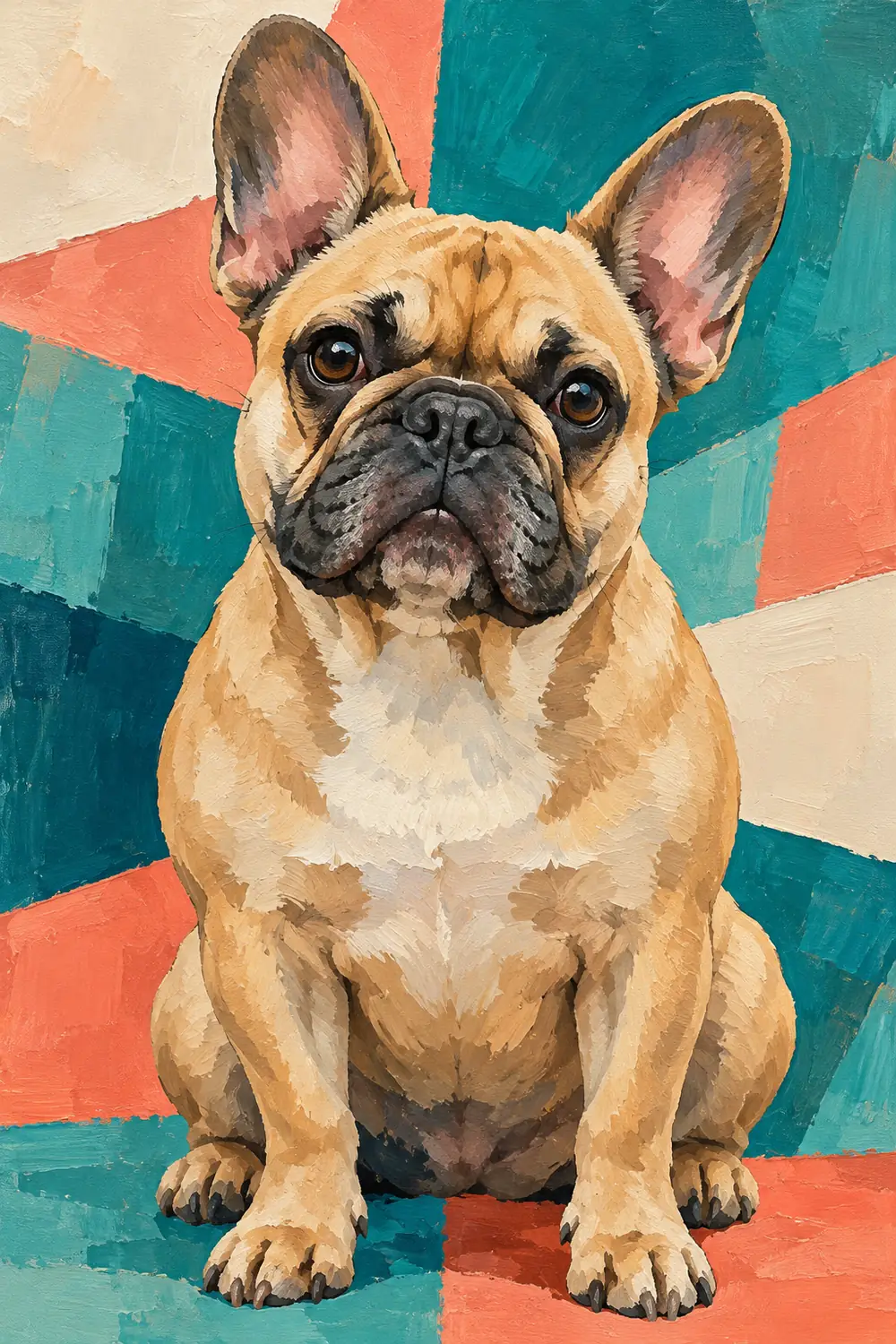 Matte acrylic painting of a seated fawn French bulldog against overlapping teal, coral, and cream geometric blocks.