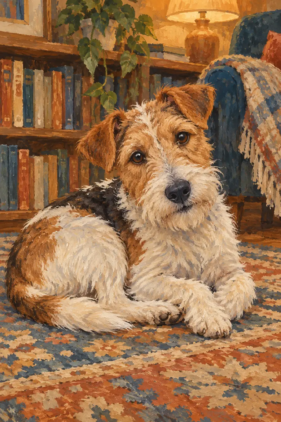 A textured gouache painting of a cream and rust wiry-haired terrier curled on a patterned rug in front of a bookcase, looking toward the viewer.