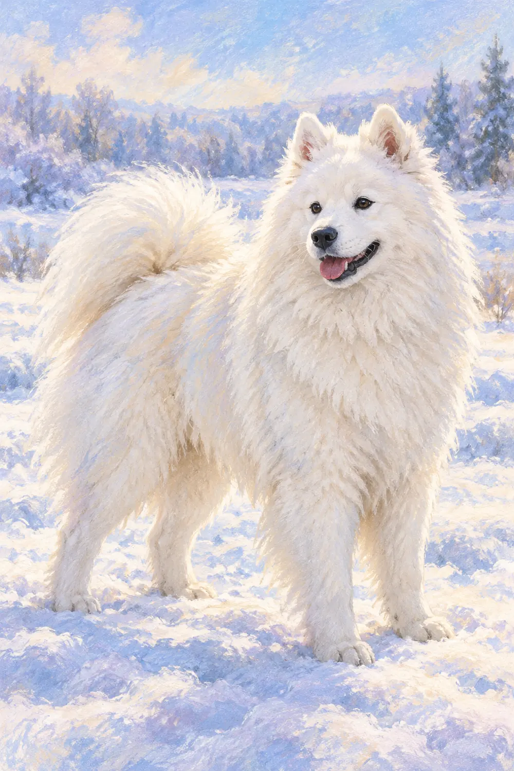 Pastel painting of a full-bodied white Samoyed standing in a snowy landscape, with a curled tail and pale blue and lavender shadows.