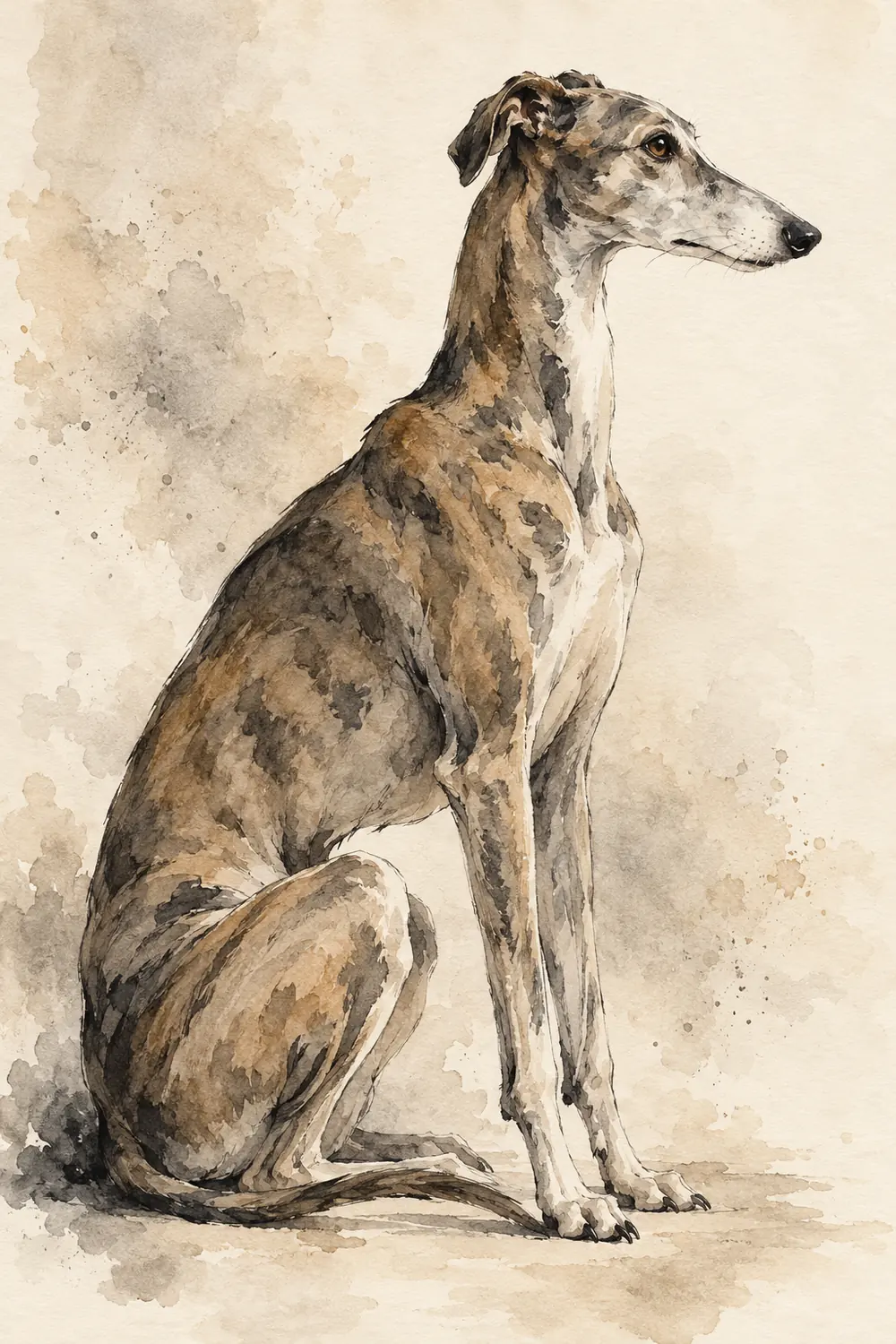 Vertical ink wash painting of a seated greyhound in profile, with a long neck, folded ear, narrow muzzle, and charcoal and sepia washes on warm ivory paper.