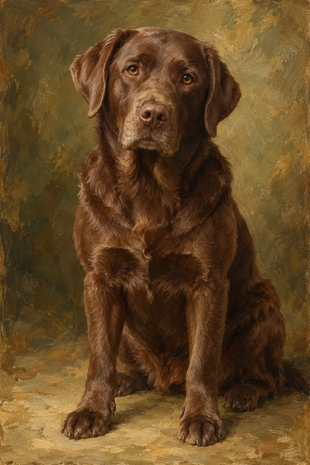 Vintage-style oil painting of a seated chocolate Labrador with visible chest and paws against an olive-brown background.