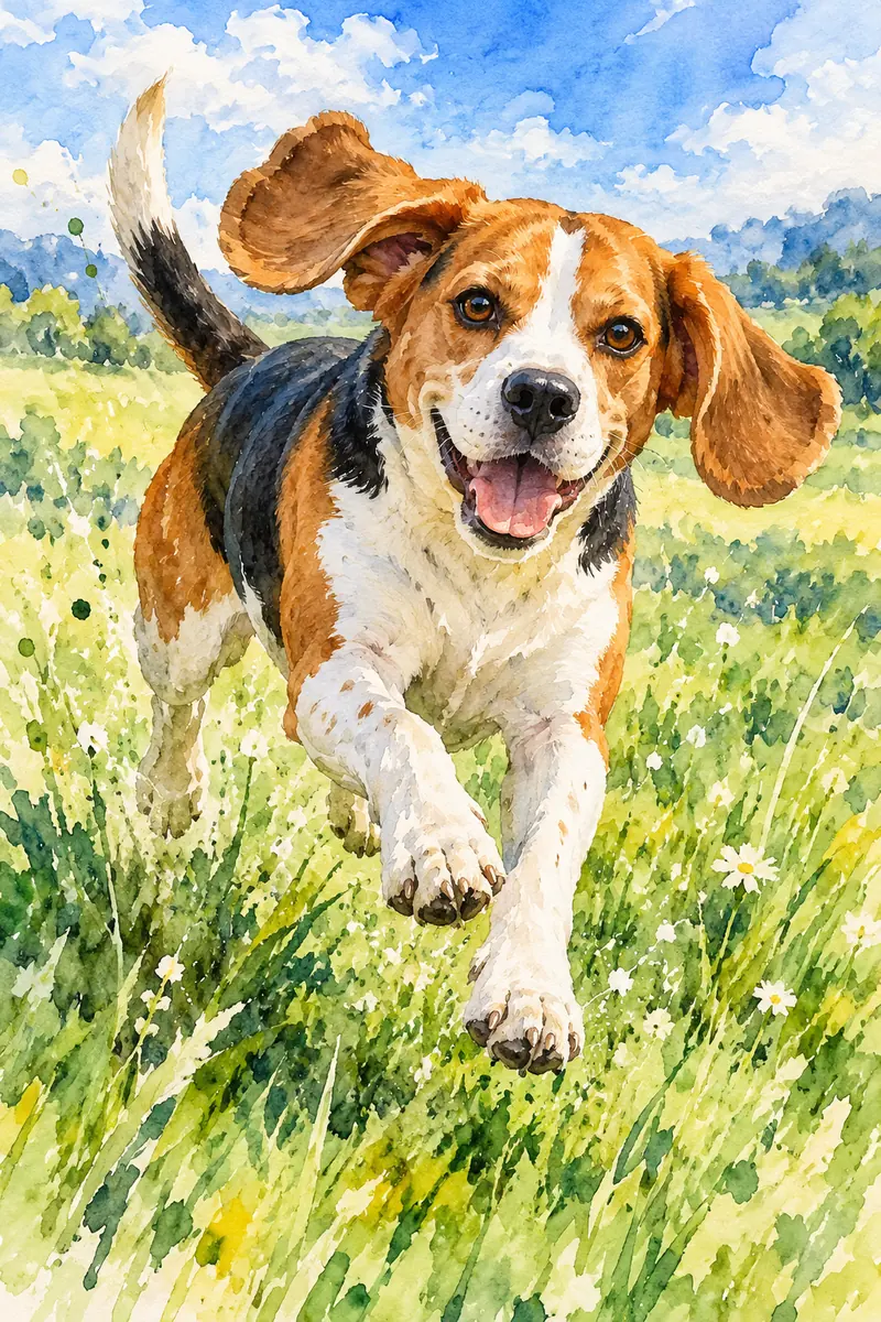 Watercolor painting of a tricolor beagle running toward the viewer through a sunny green field, with blue sky and white flowers.