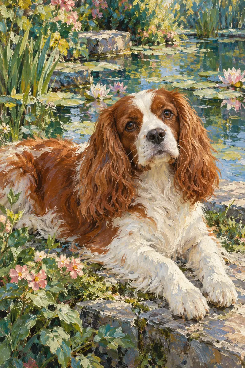Vertical impressionist painting of a chestnut-and-white spaniel lying beside a pond with pink water lilies and textured blue-green reflections.