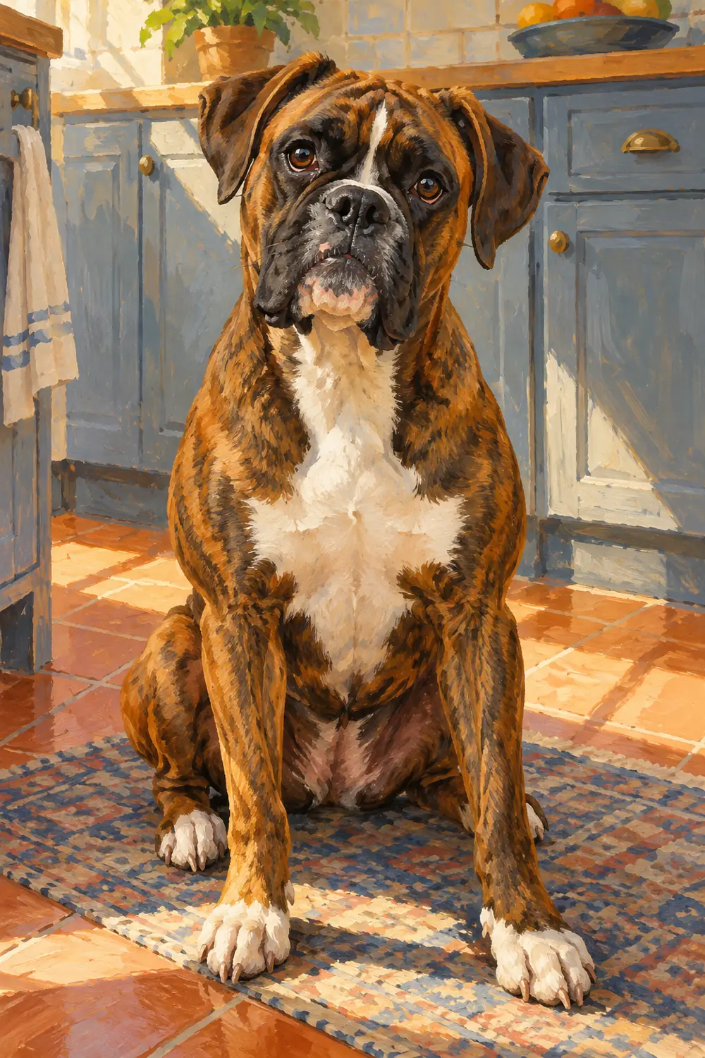 Acrylic painting of a brindle boxer seated on a patterned kitchen mat in warm afternoon light, with slate blue cabinets behind it.