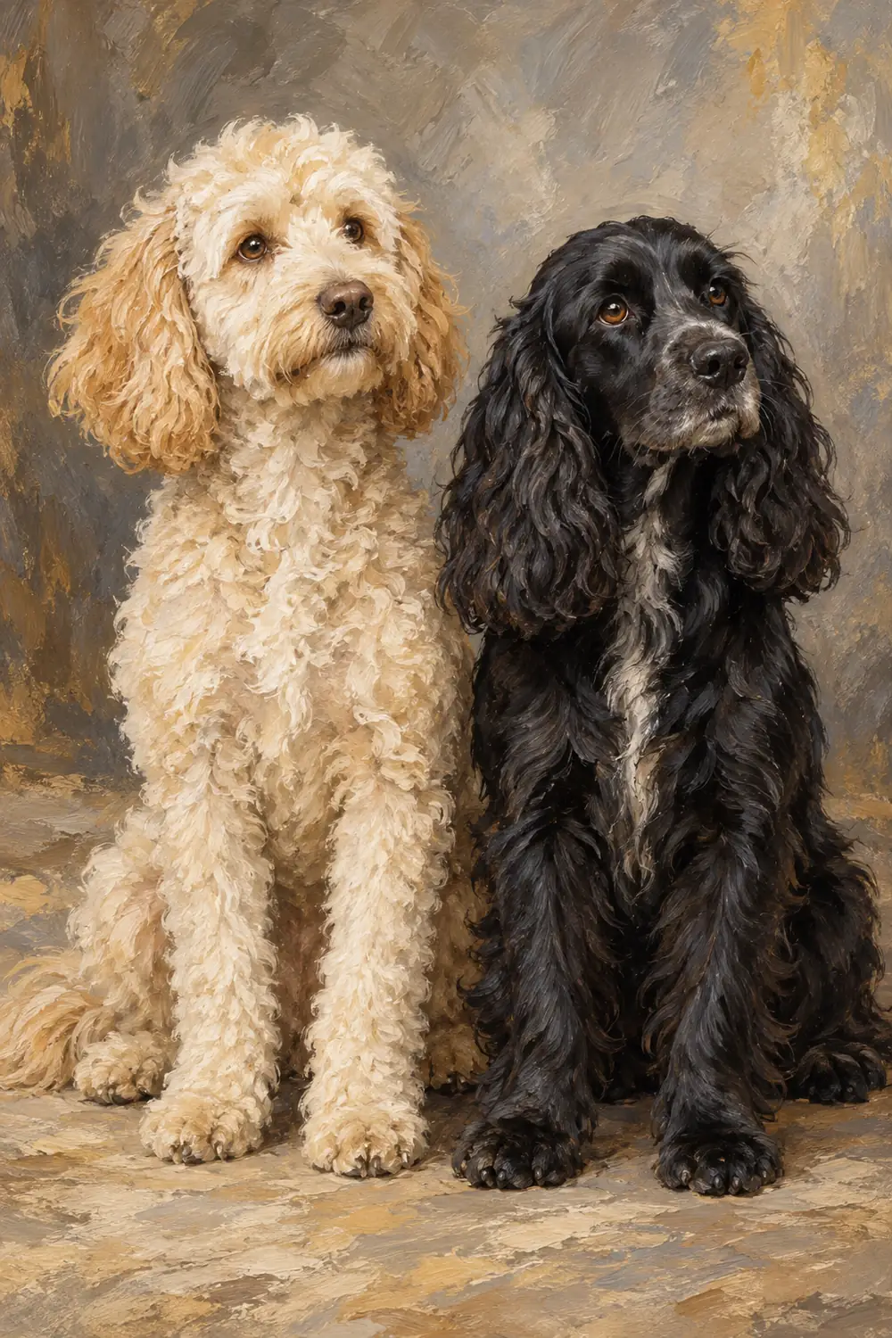 Vertical oil painting of a cream curly-coated dog and a black long-eared spaniel sitting side by side, with both torsos and front legs visible.