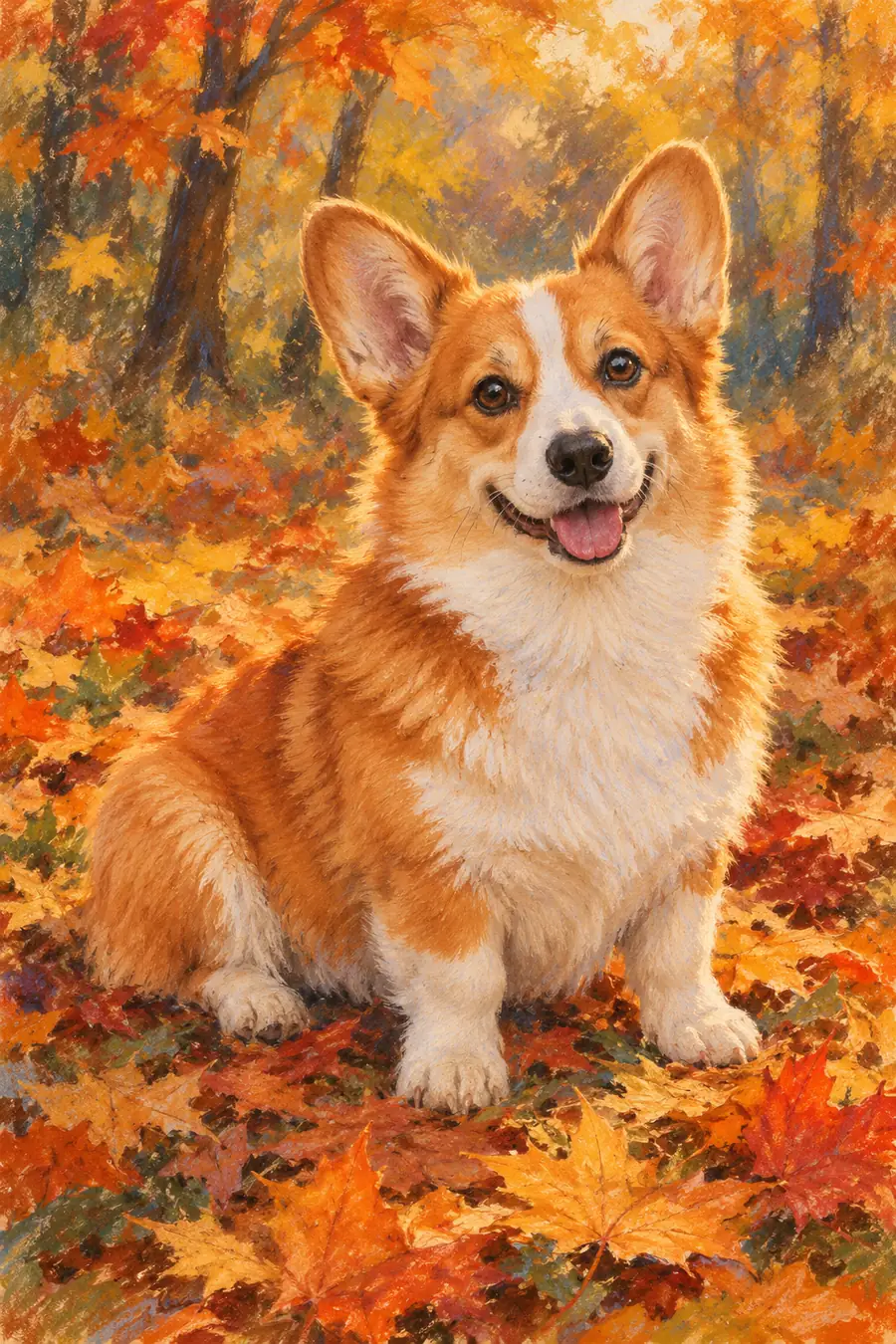 Pastel-style painting of a seated red-and-white corgi surrounded by colorful autumn leaves.