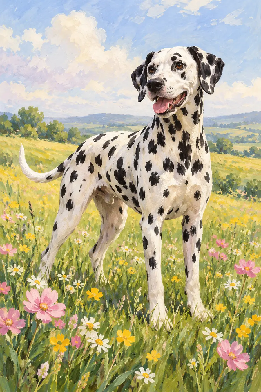 Full-body gouache painting of a standing Dalmatian with distinct black spots in a spring wildflower field beneath a broad pale blue sky.