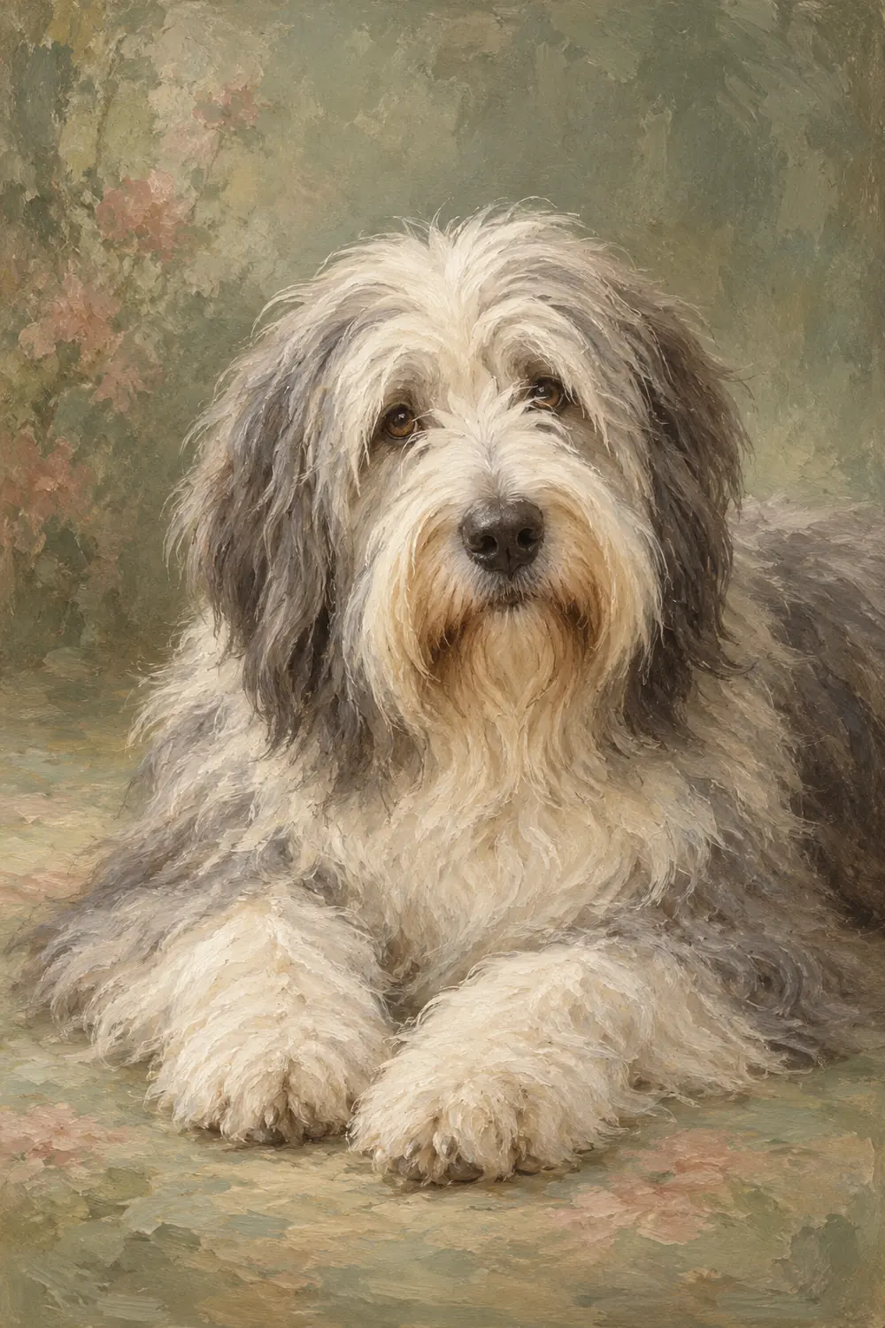 Vintage oil style painting of a senior cream-and-gray bearded sheepdog resting with both front paws forward against a muted sage background.